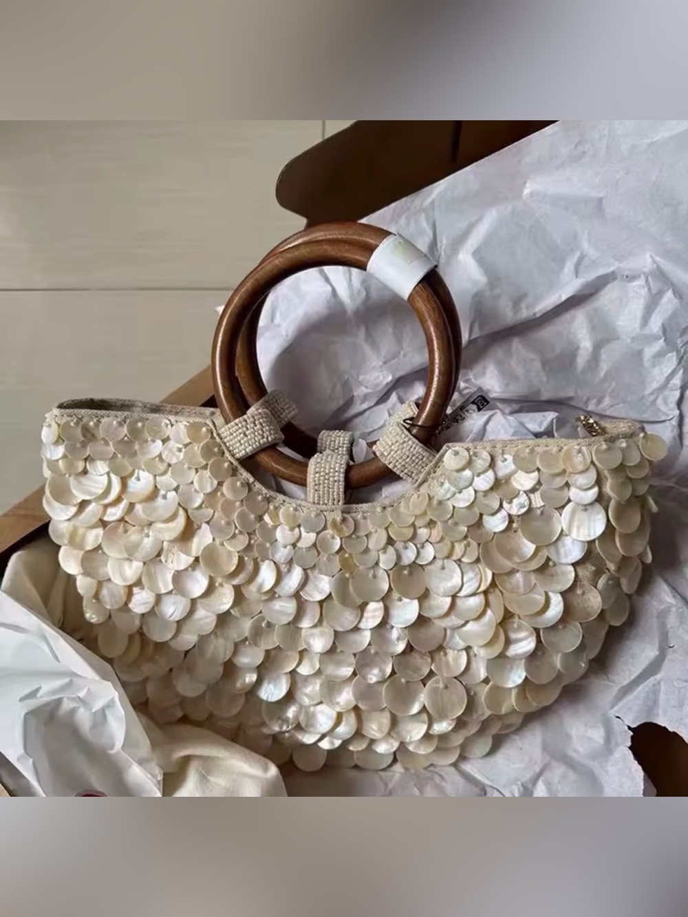 Neutral Pearl Sequin Handbag with Wooden Handles